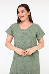 Schık Kadın Büyük Beden Brodeli Yarım Kol Elbise Haki SCKWM22EL03 - 6