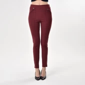 Kadın Bordo Fermuar Detaylı Likralı Pantolon - 5