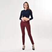 Kadın Bordo Fermuar Detaylı Likralı Pantolon - 2