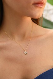 925 Ayar Gümüş Sedef ve Zirkon Taşlı Çiçek Tasarım Kolye - 3