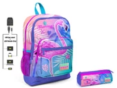 Coral High Pembe Flamingo Baskılı İlkokul Sırt Çantası ve Kalemlik Seti - Kız Çocuk - USB Soketli thumbnail 1