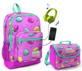 Coral High Makaron Baskılı Okul Çantası ve Beslenme Çantası Seti - Kız Çocuk - USB Soketli - 1