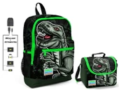 Coral High Yeşil Dinazor Baskılı Okul Çantası ve Beslenme Çantası Seti - Erkek Çocuk - USB Soketli thumbnail 1
