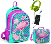 Coral High Pembe Flamingo Okul ve Beslenme Çantası - Kız Çocuk  - USB Soketli - 1