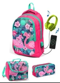 Coral High Kız Çocuk Narçiçeği Flamingo 3'lü Çanta Takımı - USB Soketli - 1