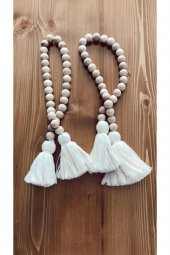 2li Ahşap Boncuk Dekorasyon Beyaz Ponponlu Süs - 1