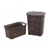 Sağlam Plastik Bambu Görünümlü Kirli Çamaşır Sepeti- Çamaşır sepeti 2'li Set Kahverengi - 1