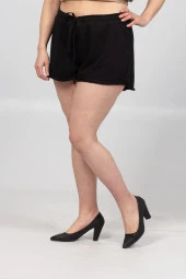 Truva Xxl Büyük Beden Kadın Giyim Ayarlanablir Bel Kısa Pamuklu İki İplik Penye Şort Siyah Kş029 - 1
