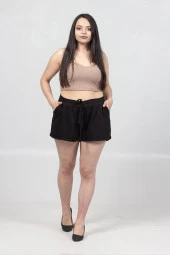 Truva Xxl Büyük Beden Kadın Giyim Ayarlanablir Bel Kısa Pamuklu İki İplik Penye Şort Siyah Kş029 - 2