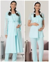 Mecit 5440 Turkuaz  Dantelli Sabahlıklı Lohusa Pijama Takımı thumbnail 1