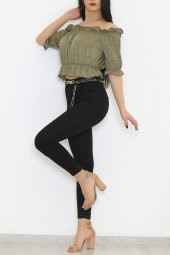 Kayık Yaka Krınkıl Bluz Yağyeşili - 4884.148. - 4