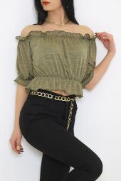 Kayık Yaka Krınkıl Bluz Yağyeşili - 4884.148. - 5