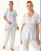 Feyza 4483 Mavi Dantel Detaylı Hamile Lohusa 3 Lü Pijama Sabahlık Tk thumbnail 1