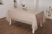 Finezza Beril Lüx Dantelli Keten Kumaş Bej Masa Örtüsü 160x230 cm - 1121 - 1