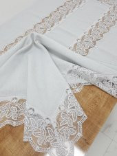 Finezza Beril Lüx Dantelli Keten Kumaş Gri Masa Örtüsü 160x230 cm - 1122 - 5