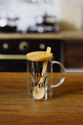 Bambu Kapaklı ve Kaşıklı Motivasyon Büyük Kupa Bardak Kk-75120 - 1