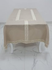 Finezza Antik Lüx Jakar Bordürlü Keten Kumaş Bej Masa Örtüsü 160x230 cm - 1128 - 5