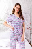 Yazlık Pamuklu Biyeli Önden Düğmeli Kısa Kol Retro Pijama Takımı - 6