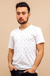 Beyaz Çapa Baskılı Kısa Kollu V Yaka Erkek Tişört 22ETSHVCPA - 1