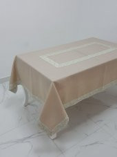 Finezza Gonca Jakar Bordürlü Keten Kumaş Bej Masa Örtüsü 160x230 cm - 1132 - 1