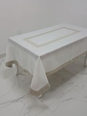 Finezza Gonca Jakar Bordürlü Keten Kumaş Krem Masa Örtüsü 160x230 cm - 1133 - 1
