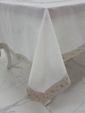 Finezza Gonca Jakar Bordürlü Keten Kumaş Krem Masa Örtüsü 160x230 cm - 1133 - 2