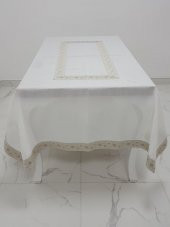 Finezza Gonca Jakar Bordürlü Keten Kumaş Krem Masa Örtüsü 160x230 cm - 1133 - 5