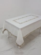 Finezza Nergis Jakar Bordürlü Keten Kumaş Krem Masa Örtüsü 160x230 cm - 1136 - 1