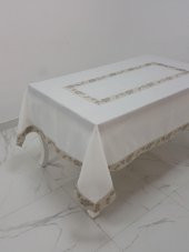 Finezza Nergis Jakar Bordürlü Keten Kumaş Krem Masa Örtüsü 160x230 cm - 1136 - 3