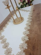 Finezza Jadelin Gold Güpürlü Keten Kumaş Runner Krem 48x145 Cm - 1141 - 3