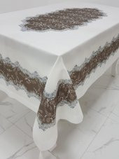 Finezza Meltem Baskılı  Keten Kumaş Kreme Kahve Masa Örtüsü 160x220 cm - 1142 - 3