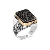 Gümüş Siyah Zirkon Taşlı Kare Erkek Yüzük thumbnail 2