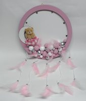 Ayıcıklı Yuvarlak Ahşap Pano Bebek Kapı Süsü Pembe - Beyaz - 1