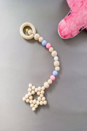 Doğal Ahşap Halka Yıldızlı Zil Boncuklu Baby Shower & Diş Kaşıyıcı Puset Oyuncağı - 1