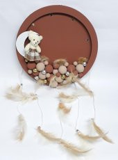 Ayıcıklı Ledli Yuvarlak Ahşap Pano Bebek Kapı Süsü Kahverengi - 1