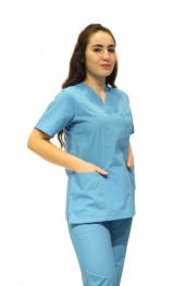 Hemşire Doktor Turkuaz Terycoton Zarf Yaka Takma Kol Cerrahi Takım - 2