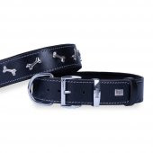 Doggie Konforlu Gerçek Deriden El Yapımı Kemik Süslü Köpek Boyun Tasması 4x57-65cm Siyah - 1