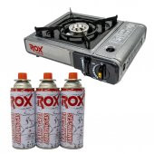 Rox Camping 0103 Tekli Portatif Kamp Ocak(Ekstra Gaz Girişli) - 3 Adet Rox Valfli Kamp Gazı Kartuş 227gr Hediyeli - 1