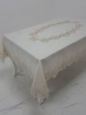 Finezza Nihal Lüx Dantelli Simli Keten Kumaş Bej Masa Örtüsü 160x230 cm - 1150 - 1