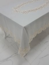 Finezza Nihal Lüx Dantelli Simli Keten Kumaş Gri Masa Örtüsü 160x230 cm - 1151 - 1