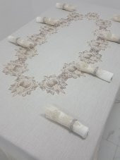 Finezza Nihal Güpürlü Keten Bej Sofra Takımı 8 kişilik 160x230 cm 17 Prç. - 1153 - 1