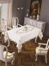 Finezza Perla Lüx Dantelli Simli Keten Kumaş Krem Masa Örtüsü 160x230 cm - 1158 - 1