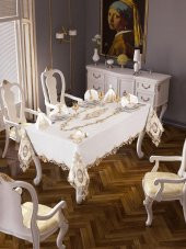 Finezza Perla Güpürlü Keten Krem Sofra Takımı 8 kişilik 160x230 cm 17Prç. - 1162 - 1