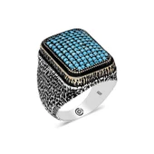Gümüş Turkuaz Zirkon Taşlı Kare Erkek Yüzük thumbnail 1