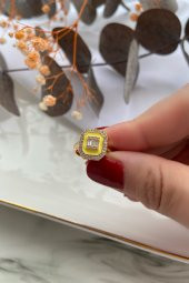 Sarı Mineli Kenarı Zirkon Taşlı Yüzük - 5