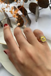 Sarı Mineli Kenarı Zirkon Taşlı Yüzük - 8