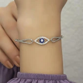 Zirkon Taşlı Nazar Boncuklu Göz Gümüş Bayan Bileklik - 1