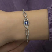 Zirkon Taşlı Nazar Boncuklu Göz Gümüş Bayan Bileklik - 6