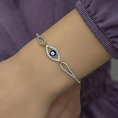 Zirkon Taşlı Nazar Boncuklu Göz Gümüş Bayan Bileklik - 7