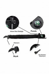 Paracord Survival Ateş Başlatıcı Magnezyum Çubuğu Bıçak Pusula İkaz Düdüklü Bileklik - 2